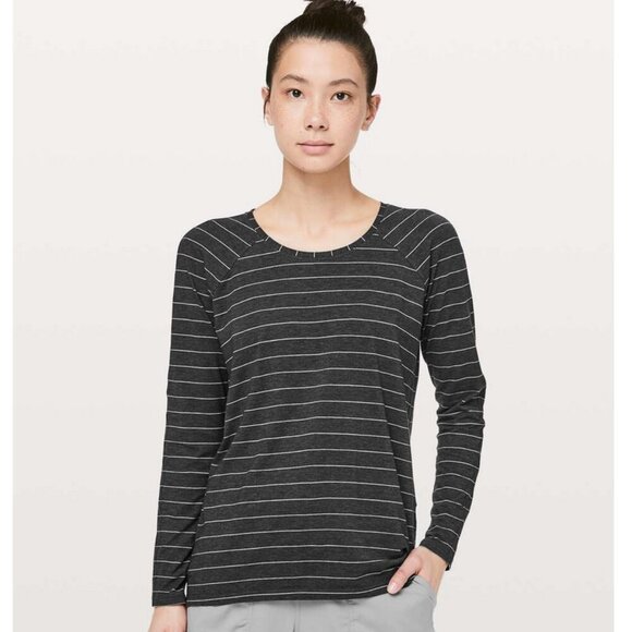 Lululemon Emerald Long Sleeve, Short Serve Stripe Heathered Black White - Picture 1 of 4